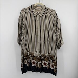 Campia Moda Mens XL Brown Striped Floral Rayon Short Sleeve‎ Button Down Shirt